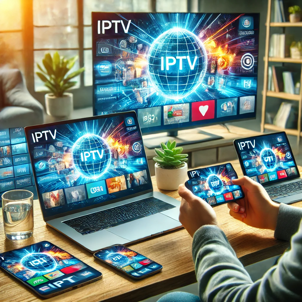 DALL·E 2024 06 27 15.38.48 A high quality image of a person enjoying IPTV on multiple devices including a laptop smartphone and tablet all displaying vibrant IPTV channels