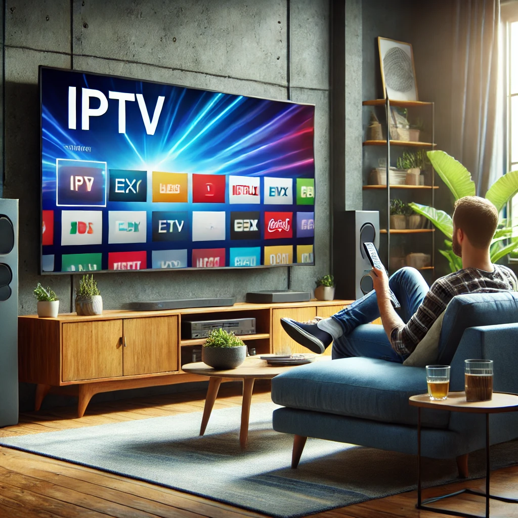 DALL·E 2024 06 27 15.42.47 A high quality image of a person watching IPTV on a Smart TV the room is modern with comfortable furniture the TV screen displaying vibrant channels