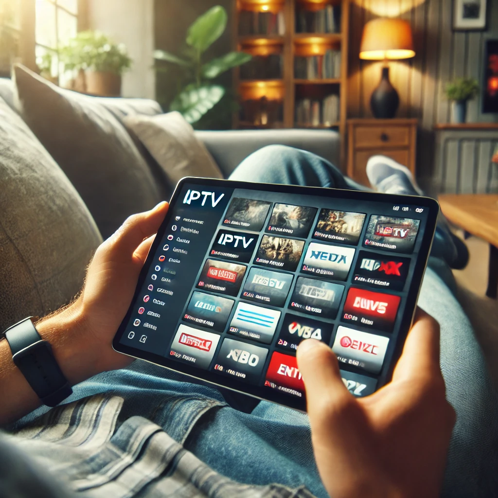 DALL·E 2024 06 27 15.45.27 A high quality image of a person using IPTV on a tablet the person is sitting on a couch in a cozy room the tablet screen displaying various IPTV ch