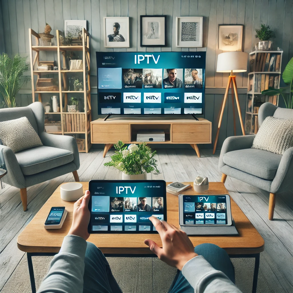 DALL·E 2024 06 27 16.09.43 A high quality image of a person using IPTV on multiple devices simultaneously such as a Smart TV tablet and smartphone. The person is sitting in a