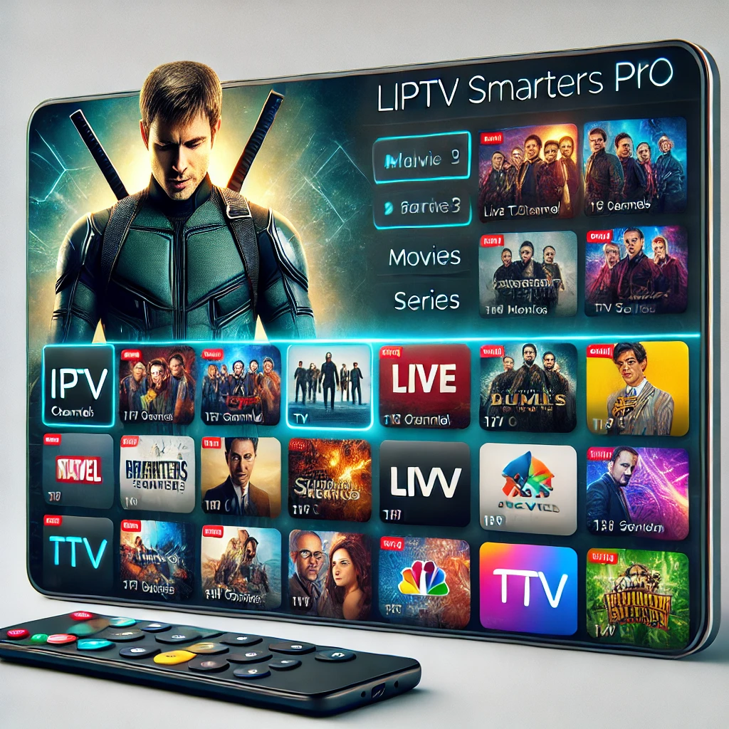 DALL·E 2024 07 02 13.54.46 The interface of IPTV Smarters Pro application showing live TV channels movies and series on a modern digital screen with a user friendly and sleek