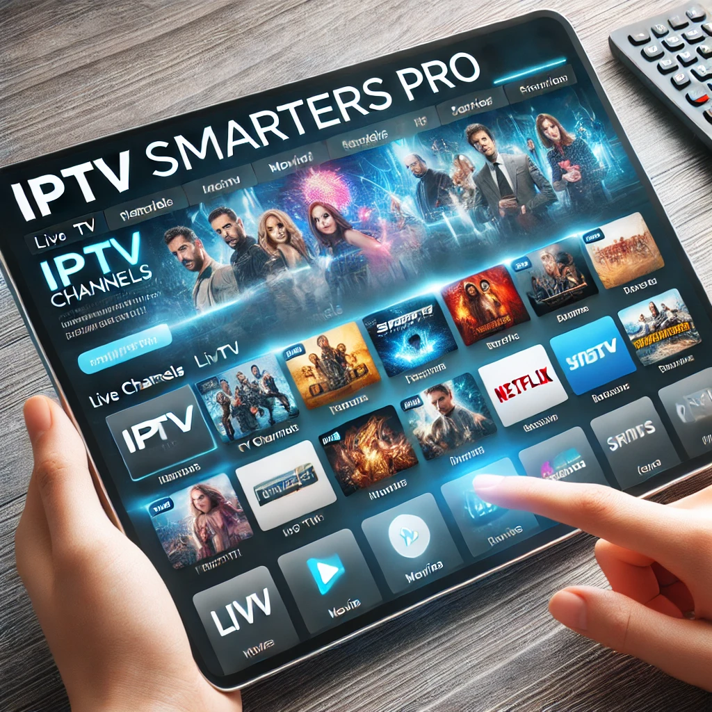 DALL·E 2024 07 02 13.55.55 A clear and modern interface of IPTV Smarters Pro displaying live TV channels movies and series on a sleek digital screen emphasizing user friendli