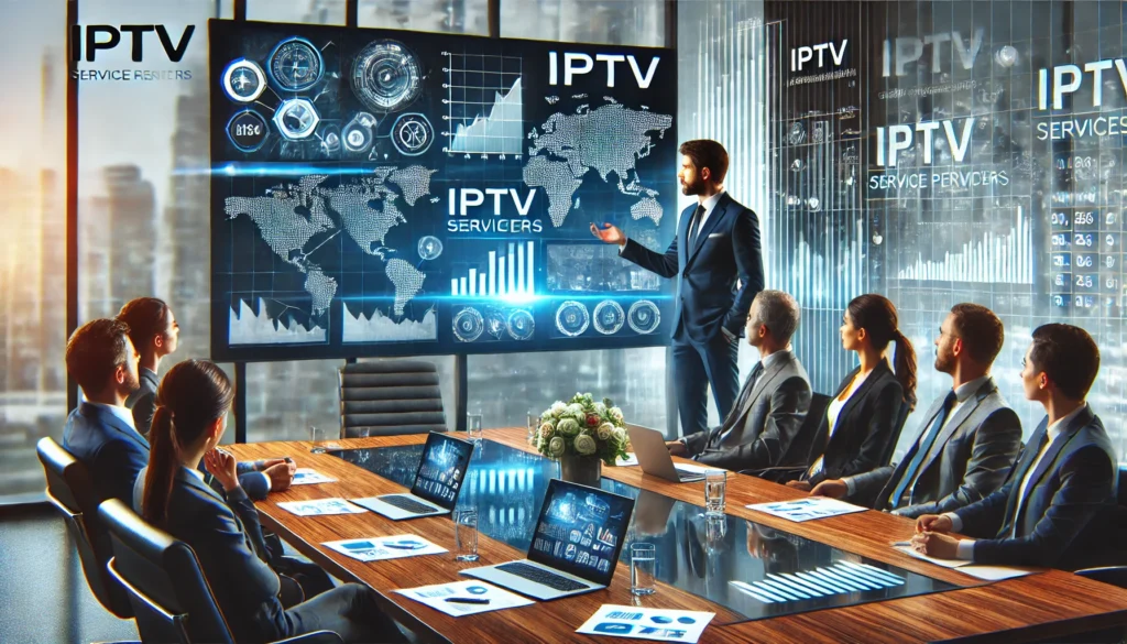 DALL·E 2024 07 02 16.57.46 A professional meeting between IPTV service providers and potential customers. The scene includes a modern conference room with a large screen display