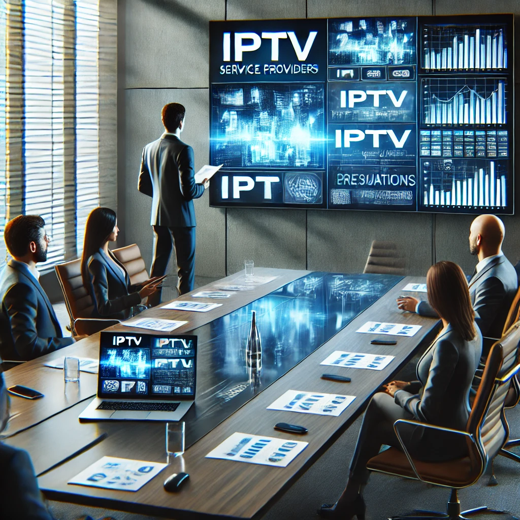 DALL·E 2024 07 02 17.02.23 A professional meeting between IPTV service providers and potential customers. The scene includes a modern conference room with a large screen display