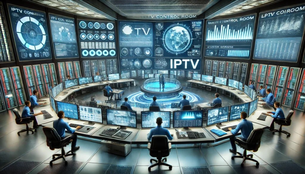 DALL·E 2024 07 04 18.17.16 A futuristic IPTV control room with a team of engineers monitoring various screens displaying live TV feeds server status and analytics. The room is