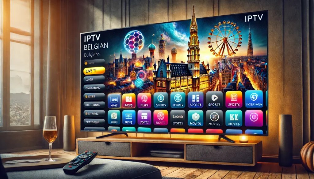 DALL·E 2024 07 10 15.34.44 A detailed IPTV interface displaying Belgian channels. The interface is sleek and modern with a dark theme that highlights the colorful icons for var