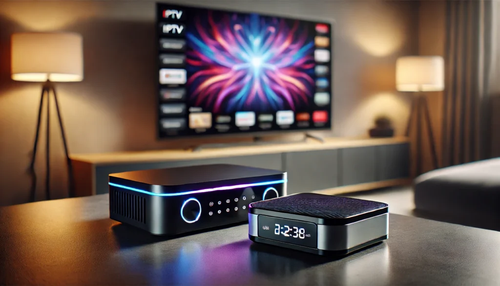 DALL·E 2024 07 11 16.03.53 Two different IPTV boxes displayed on a table. The first box is sleek and modern with a black matte finish and LED indicators. The second box is compa